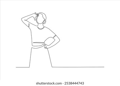 A minimalist line drawing of a person posing thoughtfully with a hand on their forehead.