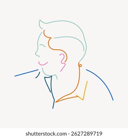 Minimalist line drawing of a person in profile, featuring colorful lines and a simple design. The artwork uses a modern, abstract style with a playful touch. Person, character illustration vector.
