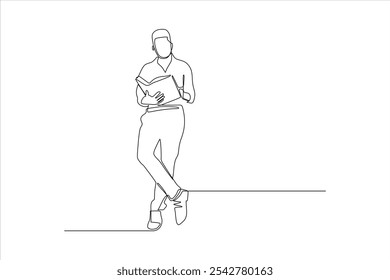 A minimalist line drawing of a person reading a book while leaning against a surface.