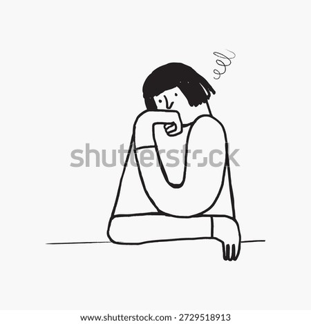 Minimalist line drawing of a person resting their head on their hand. Simple black and white illustration, abstract and expressive art style. Medical character illustration vector.