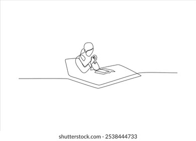 A minimalist line drawing of a person sitting at a table, engaged in a creative activity.