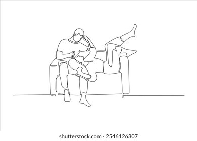 A minimalist line drawing of a person sitting on a couch, relaxed and engaged with a book.