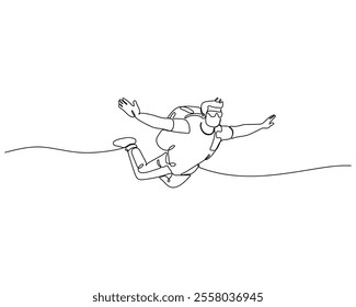 A minimalist line drawing of a person skydiving in freefall with arms and legs spread out, wearing a parachute backpack and goggles. Perfect for themes of adventure, thrill, and extreme sports