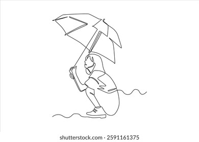 Minimalist line drawing of a person squatting under an umbrella in a serene setting