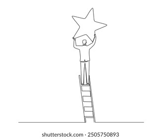 Minimalist line drawing of a person standing on a ladder, reaching up to place a star. This image symbolizes achievement, aspiration, and reaching for goals, emphasizing determination and success