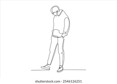 A minimalist line drawing of a person standing with a contemplative posture.