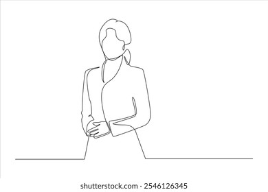 Um desenho de linha minimalista de uma pessoa de pé com as mãos agarradas, transmitindo profissionalismo.