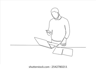 A minimalist line drawing of a person using a laptop and smartphone at a desk.