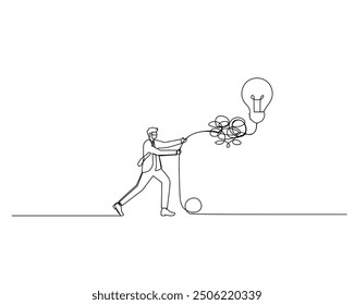 Minimalist line drawing of a person walking a light bulb on a leash, symbolizing the nurturing and development of ideas.