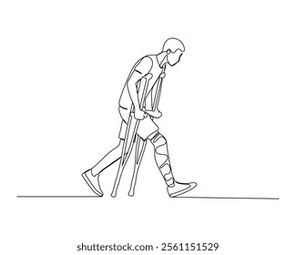 Minimalist line drawing of a person walking with crutches, showing resilience and mobility support Depicts the use of assistive devices and adaptation in daily life