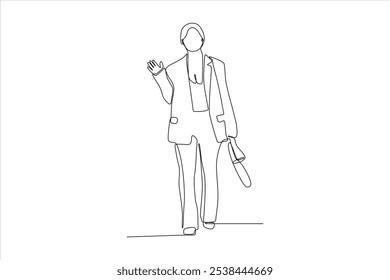 A minimalist line drawing of a person waving while carrying a bag, suggesting a friendly demeanor.