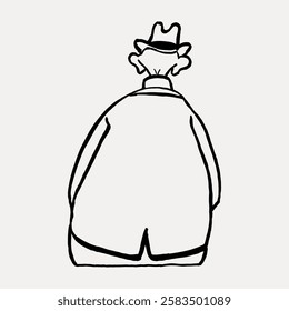 Minimalist line drawing of a person wearing a hat and coat, viewed from behind. Simple, abstract style with a focus on shape and outline. Line art illustration vector.