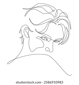 Minimalist line drawing of a person's head and shoulders, showcasing the intense gaze, digital assets, printable design