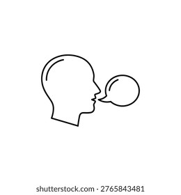 A minimalist line drawing of a person's head with a speech bubble, conveying the idea of communication, conversation, or public speaking. The simple design makes it versatile for various uses, from digital interfaces to print materials.