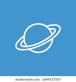 Um desenho de linha minimalista de um planeta com anéis contra um fundo azul representando a exploração espacial e as maravilhas da astronomia