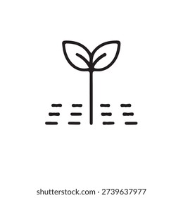 Minimalist Line Drawing of Plant with Two Leaves Growing from Stylized Soil Representing Agriculture and Sustainability