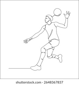 Um desenho de linha minimalista retrata um jogador de voleibol masculino em uma pose dinâmica, no meio da ação, pronto para escalar ou servir a bola.