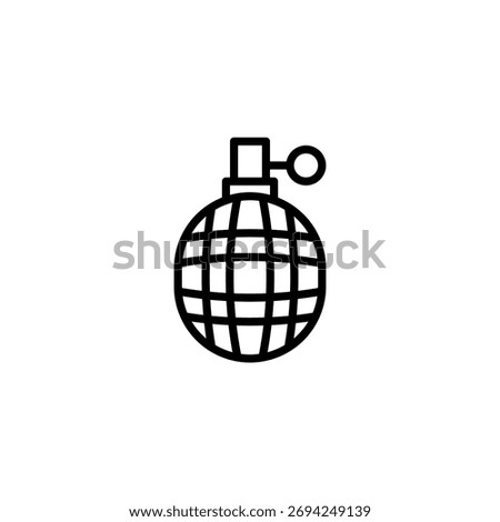 A minimalist line drawing portrays a spherical object with a grid pattern, suggesting a grenade. The design includes a trigger and pin, adding to the explosive symbolism of danger, power, and