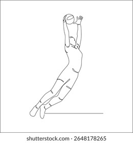 Um desenho de linha minimalista retrata um jogador de voleibol no ar, com os braços levantados, posicionados para subir ou bloquear a bola.