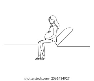 A minimalist line drawing of a pregnant person seated on a bench, hand resting on the belly, capturing a moment of calm and anticipation