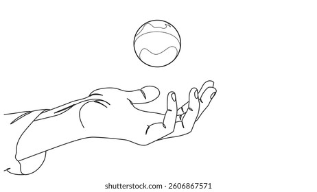 A minimalist line drawing presents an open hand in a gesture of throwing a round object into the air. The artwork uses continuous black lines to depict a clean and modern aesthetic. 