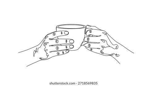 A minimalist line drawing presents a pair of hands gently cradling a cup, symbolizing warmth, comfort, and a moment of pause. The continuous line technique adds an elegant touch, perfect for