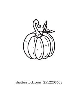 Dibujo de línea minimalista de una calabaza con un tallo y una hoja en negro aislado sobre fondo blanco. Dibujado a mano ilustración de boceto de Vector en estilo de arte de línea vintage grabado doodle. Decoración de Halloween.