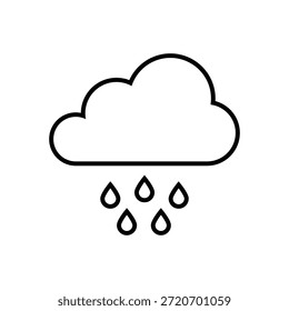Um desenho em linha minimalista de uma nuvem de chuva com gotas de chuva caindo dela, colocado contra um fundo branco limpo. O design simples o torna versátil para uso em várias aplicações digitais e de impressão.