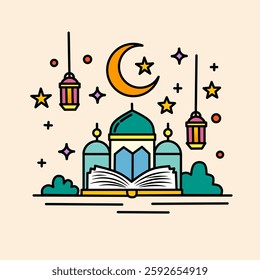 Minimalist line drawing for Ramadan-themed with simple design of crescent moon, mosque, open Quran and hanging lanterns. Capturing the spirit of Ramadan in a modern and minimal style.