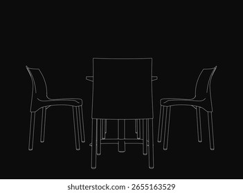 Um desenho em linha minimalista de uma mesa retangular com quatro pernas e duas cadeiras curvas em volta sobre um fundo preto. As linhas de contorno brancas criam um contraste impressionante contra o fundo escuro.