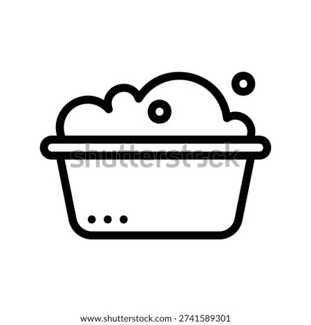A minimalist line drawing representing a basin overflowing with foamy soap suds and bubbles, symbolizing cleaning or washing. Laundry Single Line Logo Icon.