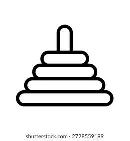 Un dibujo de línea minimalista que representa una pirámide de juguete de apilamiento clásico, que simboliza el desarrollo y el aprendizaje. Diseño de interfaz de usuario de icono de línea única para niños y juguetes.