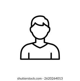 Minimalist line drawing representing faceless figure with short hairstyle, shoulders, v-neck shirt, upper body. on a transparent background