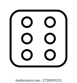 Eine minimalistische Strichzeichnung, die einen standardmäßigen sechsseitigen Würfel mit Punkten darstellt, die die Zahl sechs angeben. Kinder und Spielzeug einzeiliges Symbol UI-Design.