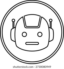 A minimalist line drawing of a robot's head centered within a double-lined circle, featuring a simple facial expression and antennae, symbolizing artificial intelligence or technology.