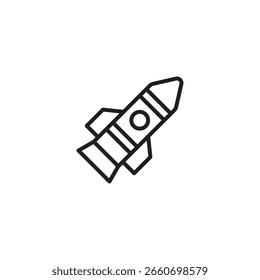 Un dibujo de línea minimalista de un cohete con un círculo y líneas en su lado.
