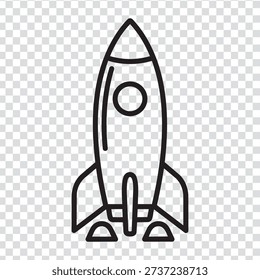 A minimalist line drawing of a rocket ship with a pointed tip and fins at the bottom, set against a transparent background with a subtle grey and white checkerboard pattern