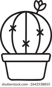 Um desenho de linha minimalista de um cacto redondo em um pote, apresentando pequenos botões de flores no topo.
