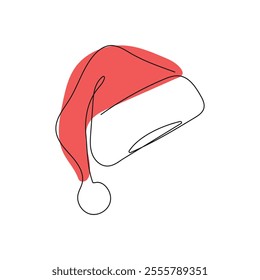 Minimalist line drawing of a Santa hat with a red accent.