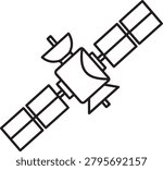 Minimalist line drawing of a satellite featuring solar panels and communication antenna in space.