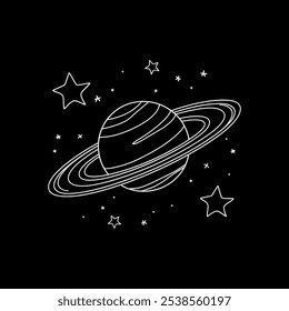 Desenho minimalista de Saturno, um planeta com anéis, rodeado por estrelas sobre um fundo preto.