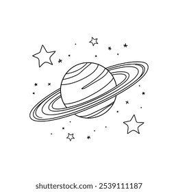 Desenho minimalista de Saturno, planeta com anéis, rodeado por estrelas sobre fundo branco.