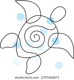Dibujo de línea minimalista de tortuga marina con burbujas sobre fondo blanco