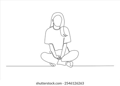 A minimalist line drawing of a seated figure with long hair in a casual pose.