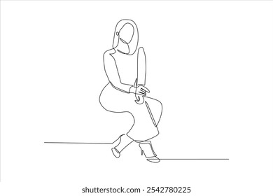 Um desenho de linha minimalista de uma mulher sentada segurando uma espada, enfatizando a elegância e a força.