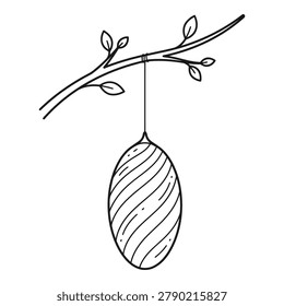 A minimalist line drawing of a seed pod hanging from a slender branch adorned with small leaves isolated on transparent background