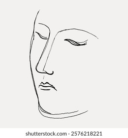 Minimalist line drawing of a serene face, eyes closed, simple lines. The face is calm, with closed eyes, depicted in a minimalist style, using simple lines. Vintage illustration isolated, vector.