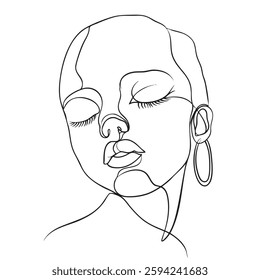 minimalist line drawing of serene woman with closed eyes, showcasing elegance and simplicity. artwork features prominent earring and smooth facial contours, evoking sense of calm