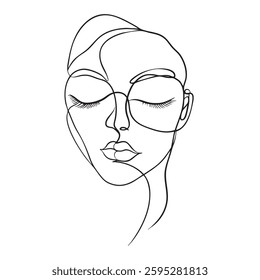 minimalist line drawing of serene woman face with closed eyes and glasses, showcasing elegance and simplicity