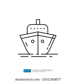 A minimalist line drawing of a ship viewed from the front, representing travel and transport over water.